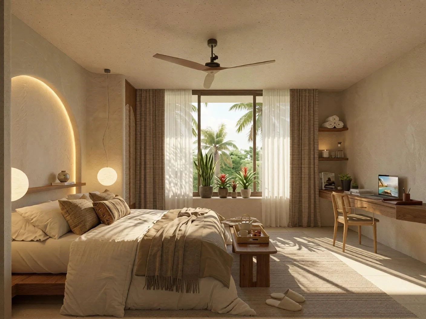 Two bedrooms, soft textures and palm-filtered light. Your retreat, at your own pace.